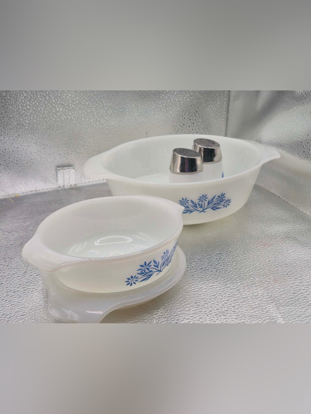 Fire King Blue Cornflower Vintage Mini Milk Glass Casserole Dish Set w/ Shakers - Picture 11 of 16